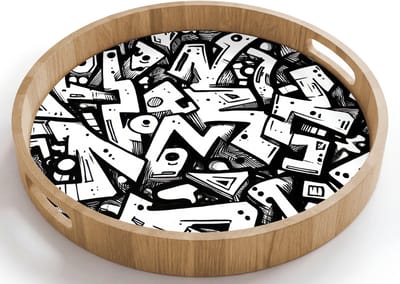 Dienblad rond 40x40 cm - Schootdienblad hout - Vormen - Letters - Graffiti - Zwart - Borrelplank rechthoek - Plateau houten dienbladen