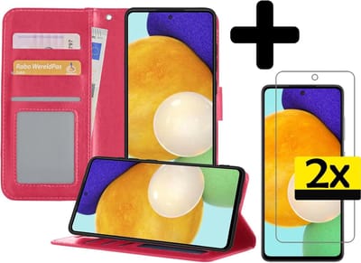 Hoesje - Met 2x Screenprotector - Geschikt voor Samsung Galaxy A52 5G - Luxe Pasjeshouder - Bookcase Portemonee - Flip Case - Kunstleer Book Case - Flipcase Hoes - Book Cover - Walletcase - Portemonneehoes - Telefoonhoesjes - Donkerroze