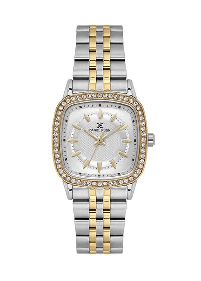 Daniel Klein DK.1.13944-4 - Horloge - Polshorloge - Analoog - Dames - Vrouwen - Stalen band - Afgerond vierkant - Metaal - Streepjes - Zilverkleurig - Briljant Goudkleurig - Wit