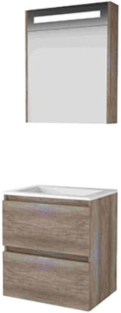 Basic-Line Premium 46 Badkamermeubelset - 60 x 46 cm - Greeploos - 2 Lades - Acryl Wastafel - Zonder Kraangat - Spiegelkast met LED Verlichting - Scotch Oak