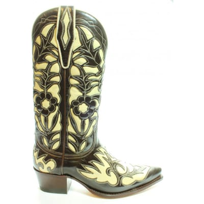 Sendra Boots 5529 Bruin Dames Western Bohemian Ibiza Laarzen Judi Spitse neus Rechte Hak Bloemmotief Treklussen Echt Leer Maat 39