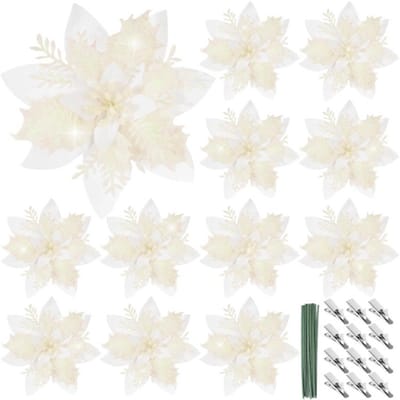 Set Van 12 Glanzende Poinsettia Kunstbloemen 14.5cm – Grote Kerstbloemen Met Clipstelen – Voor Kerstboom Kransen Feestdecoratie – Wit