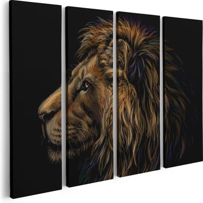 Artaza Canvas Schilderij Vierluik Getekende Leeuw - Leeuwenkop - Kleur - 80x60 - Foto Op Canvas - Canvas Print