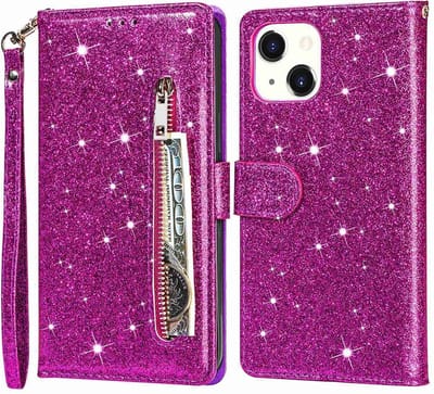 Bookcase Geschikt voor: iPhone 13 Glitter met rits - hoesje - portemonneehoesje - Paars