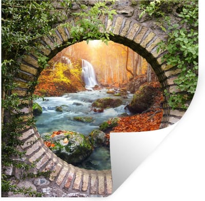 Muurstickers - Sticker Folie - Herfst - Waterval - Natuur - Doorkijk - 100x100 cm - Plakfolie - Muurstickers Kinderkamer - Zelfklevend Behang XXL - Zelfklevend behangpapier - Stickerfolie