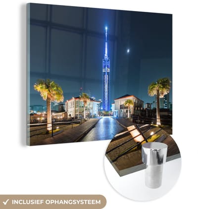® Glasschilderij 160x120 cm - Schilderij acrylglas - Fukuoka Tower verlicht in Japan op Kyushu - Foto op glas - Muurdecoratie woonkamer - Wanddecoratie slaapkamer - Schilderijen