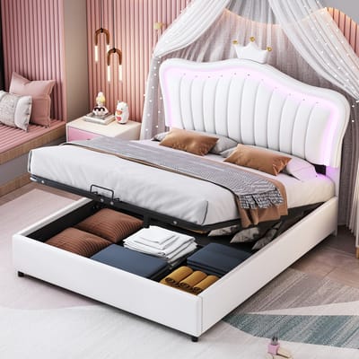 Sweiko Kinderbedje Kussenbed 140 x 200 cm, Hydraulisch Opbergbed, Wit kroonmeisje eenpersoonsbedframe, gemaakt van PU leer, met LED verlichting, Vlak noedelsframe en rugleuning
