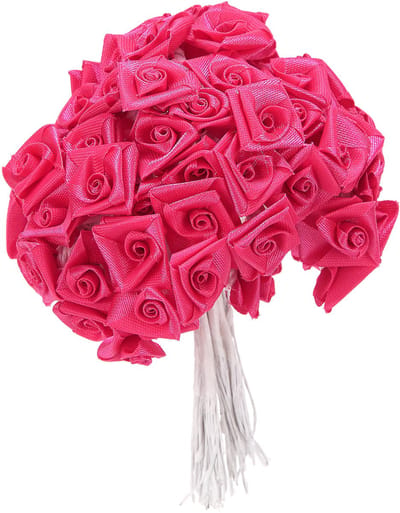 HOBI - 48 mini satijnen roosjes fuchsia 1 x 8 cm op steel voor bruiloft