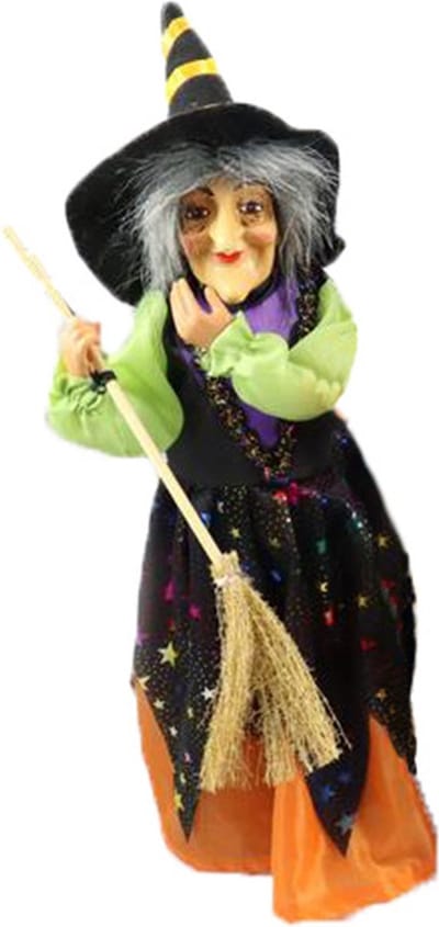 Creation decoratie heksen pop - staand - 35 cm - zwart/oranje - Halloween versiering