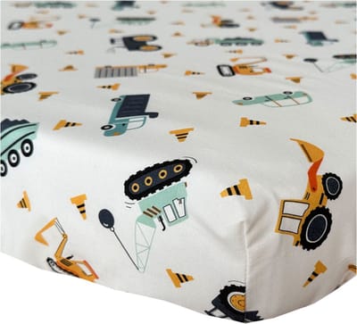 BINK Bedding Hoeslaken Bram 70x150 cm - auto's - vrachtwagen - kiepwagen - tractor - werkvoertuigen - mintgroen - ecru - oranje - geel - grijs - katoen - jongens - peuter - kleuter - hoeslaken kinderbed - kinderhoeslaken - hoeslaken met print