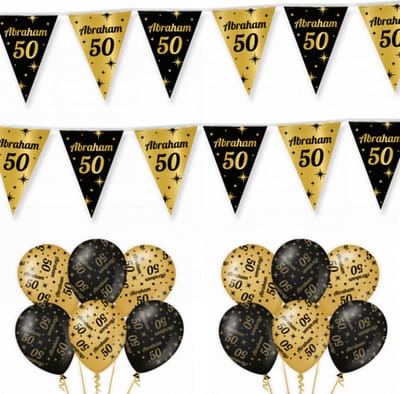 Abraham 50 Jaar Versiering Classy Black-Gold Feestpakket - Abraham 50 Jaar Decoratie - Ballonnen En Slingers Zwart Goud