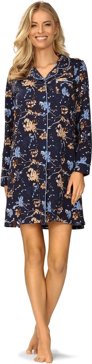 Ascafa Doorknoop Nachthemd 'Dark Night' - Dames Nachtmode - Lange Mouw - Donker Blauw - Maat 42