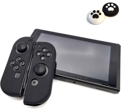 Gadgetpoint - Hoesjes & Skins + Thumb Grips voor Nintendo Switch 1 - Performance Gaming Case - Soft Grip Covers - Anti-Slip Joy-Con Controller Accessoires - Zwart + Pootjes Zwart/Wit