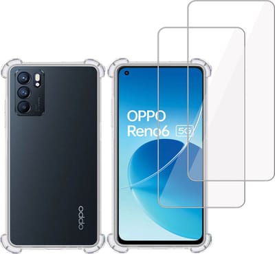 Hoesje + 2x Screenprotector geschikt voor OPPO Reno 6 – Tempered Glass - Extreme Shock Case Transparant
