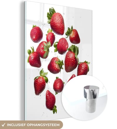 ® Glasschilderij 120x160 cm - Schilderij acrylglas - Aardbei - Fruit - Wit - Foto op glas - Muurdecoratie woonkamer - Wanddecoratie slaapkamer - Schilderijen