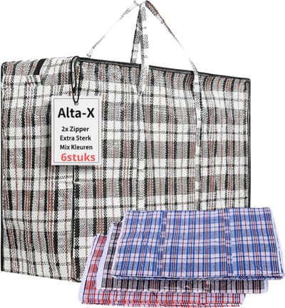 Alta-X | Opbergtas | XXL Set 6 stuks | Big shopper | Reistas extra groot | Grote boodschappentas | Zak geruit | Mega tas | Wastas | Boodschappentas met rits