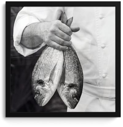 Poster in lijst - Fotolijst 40x40 cm - Posters - Vissen - Chef - Zwart - Wit - Posterlijst zwart - Decoratie - Wanddecoratie woonkamer - Muurdecoratie slaapkamer