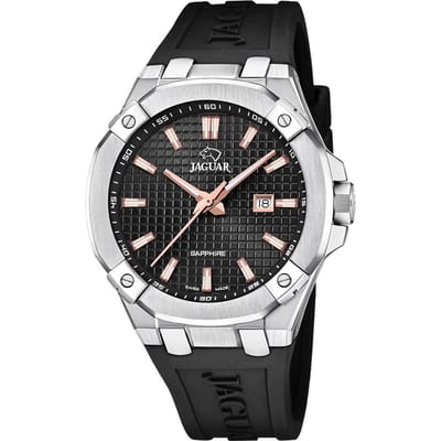 Jaguar J1010/4 Heren Horloge - Saffierglas - Roestvrijstaal/Leer - Zilverkleurig - Ø 44 mm - Quartz - Gesp - 10 ATM (zwemmen)