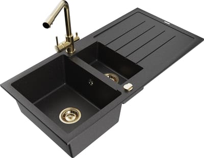 Mexen Andres granieten spoelbak 1,5-kamer met afdruiprek en keukenmengkraan Duero, zwart/zilver - 6515-73-671600-50