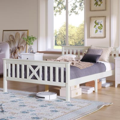 DESMIU Houten Tweepersoonsbed 140x200cm - Bedframe Met Lattenbodem En X-Vormig Hoofdeinde - Met Opberglades Voor Slaapkamer - Massief Grenen - Wit - Zonder Matras