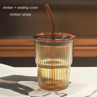Rayures Verticales Ins Verre à Café Couvercle Paille Tasse à Eau Belle Glace Latte Américain Tasse à Lait Tasses à Café Glacé Décor 301-400ml ambre
