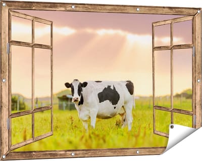 Gards Tuinposter Doorkijk Zwart Wit Koe in de Wei bij Zonsopkomst - 120x80 cm - Tuindoek - Tuindecoratie - Wanddecoratie buiten - Tuinschilderij