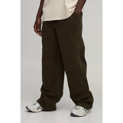 Plus Wide Fit Broek met Half & Half Tailleband van gewassen twill | Khaki | Size 2XL
