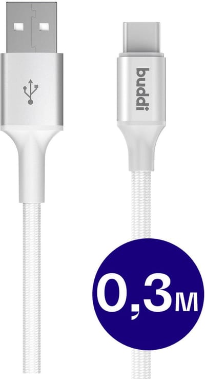 Buddi Flex | USB-A naar USB-C Kabel 12W Fast Charge 5V/2.4A | 480Mbps Dataoverdracht | Gevlochten Nylon | 0,3M | Wit