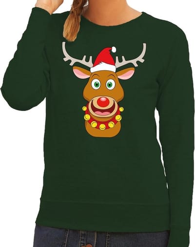 Bellatio Decorations Foute kersttrui - sweater - Rudolf het rendier met rode kerstmuts - groen - dames - Kersttruien S