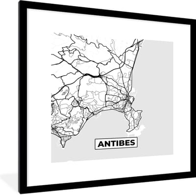 Fotolijst incl. Poster Zwart Wit- Stadskaart - Plattegrond - Antibes - Kaart - Frankrijk - Zwart wit - 40x40 cm - Posterlijst