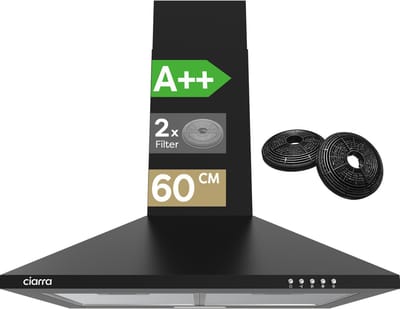 CIARRA CBCB6201 - Afzuigkap Wandschouw 60cm Zwart - 370m3 - inclusief set koolstoffilters - energieklasse A++ DC motor