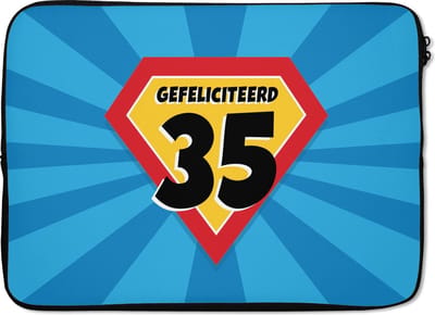 Laptophoes 13 inch - Feest - 35 jaar verjaardag - Superheldencape - Laptop sleeve - Binnenmaat 32x22,5 cm - Zwarte achterkant