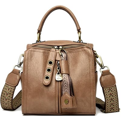 Bandoulière Sac à bandoulière asymétrique Forme Boîte Seau Petit Sac en Cuir Véritable Cuir Rétro Sac pour Femme beige