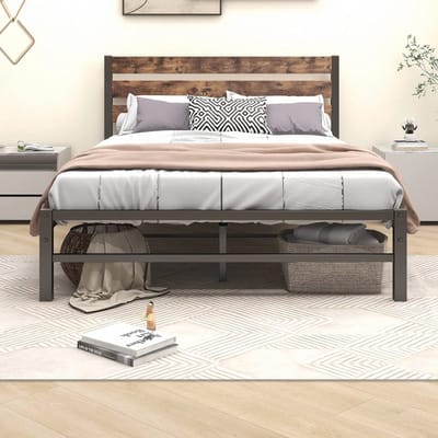 Metalen Bedframe Dubbel Zwart Rustiek Bruin