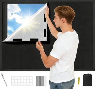 Zwart verduisteringsdoek 145 x 300 cm voor ramen, ideaal voor zolder en kamers, met warmtebescherming en eenvoudig te bevestigen verduistering