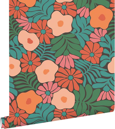 ESTAhome behang bloemen in Matisse stijl donkergroen, oranje en blauw - 53 cm x 10.05 m - 131008