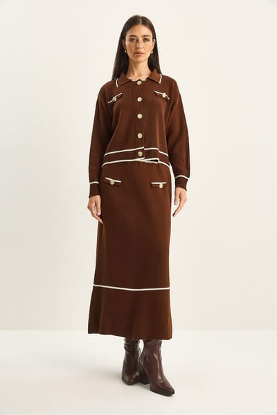 Geribbelde Breigoed Midi Twee-Piece Set met Knoopsluiting