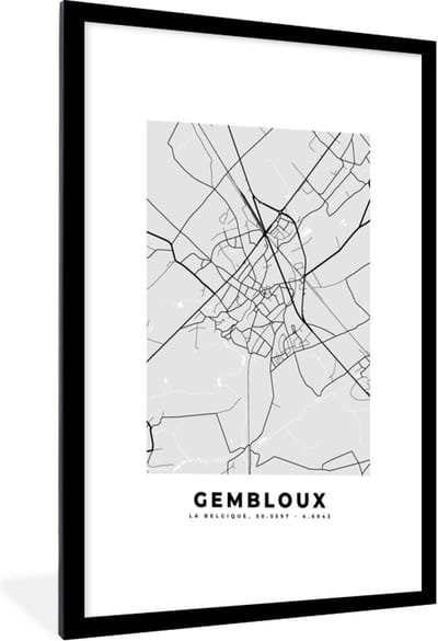 Fotolijst incl. Poster Zwart Wit- Zwart Wit – België – Plattegrond – Stadskaart – Kaart – Gembloux - 60x90 cm - Posterlijst