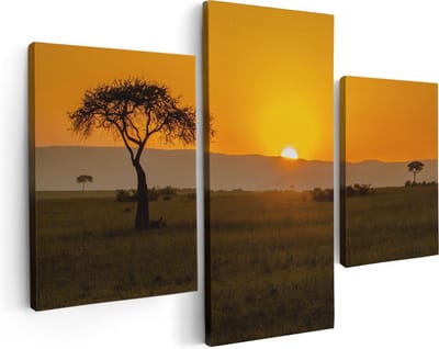 Artaza Canvas Schilderij Drieluik Zonsopgang In De Savanne Met Een Boom - 90x60 - Foto Op Canvas - Canvas Print