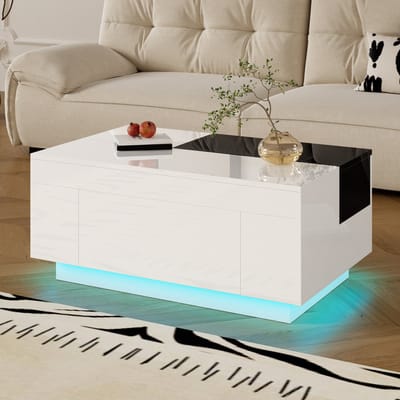 Wishdor Hoogglans salontafel met RGB-LED Bluetooth, uittrekbaar zwart-wit blad, verborgen lade met soft-close
