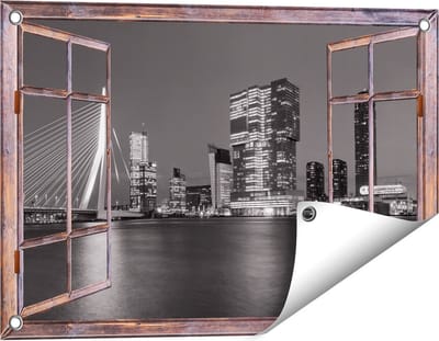 Gards Tuinposter Doorkijk Rotterdamse Skyline - Zwart Wit - 60x40 cm - Tuindoek - Tuindecoratie - Wanddecoratie buiten - Tuinschilderij