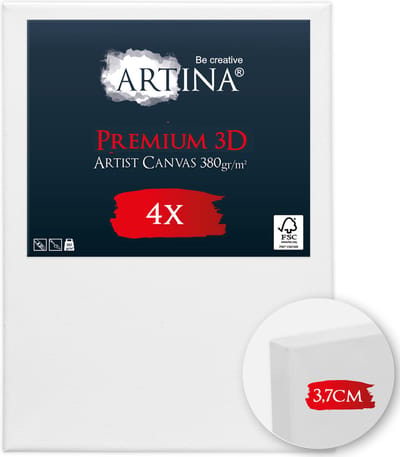 Artina Set van 4 Schildersdoeken 50x70 cm 3D Premium - Voorgerekte Doeken Wit met FSC® Houten Spieraam Stabiele Voorbehandelde Canvas Schildersdoek 380g/m²