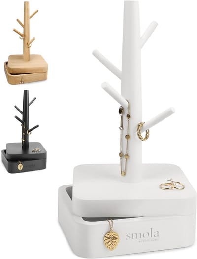 Sieradenboom Wit Hout - 4 Vlakken met Opbergdoos - Sieraden Organizer voor Halskettingen Oorbellen Ringen - Decoratieve Sieradenstand