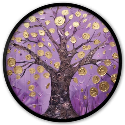 Poster in lijst Rond - Fotolijst 40x40 cm - Posters - Levensboom - Boom - Paars - Goud - Modern - Ronde posterlijst zwart - Decoratie - Wanddecoratie woonkamer - Muurdecoratie slaapkamer