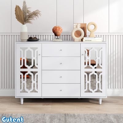 Gutent Dressoir - Wit - Spiegelend Dressoir - met Coole Kristallen Handgrepen