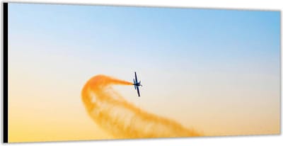 KuijsFotoprint - Schilderij - Uitstoot Vliegtuig -. - Blauw, Geel En Oranje - 100 X 200 Cm