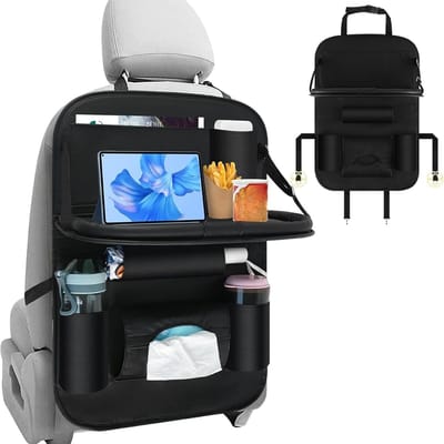 Famanu – Autostoelorganizer - rugleuningbescherming - autostoelorganizer voor kinderen - met inklapbare tafel - tablettas en meerdere vakken - waterdicht zwart