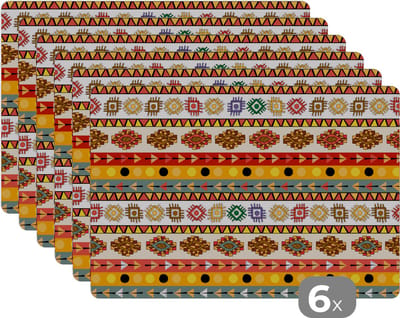 Placemat - Placemats kunststof - Maya - Patroon - Latijns Amerika - 45x30 cm - 6 stuks - Hittebestendig - Anti-Slip - Onderlegger - Afneembaar