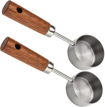 RVS Koffieschepje 15 ml (2 stuks) - Voor het malen van koffie, met houten handvat - Nauwkeurige maatlepels voor espresso en filterkoffie - Duurzaam zilverkleurig keukenaccessoire