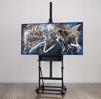 Canvas schilderij 100x50 cm handgeschilderd beurs financieel abstract – YS-Art Gallery – Dynamische wanddecoratie voor woonkamer – Modern schilderij voor kantoor en hal